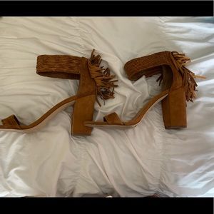 Brown Fringe BCBG Suede Block Heels